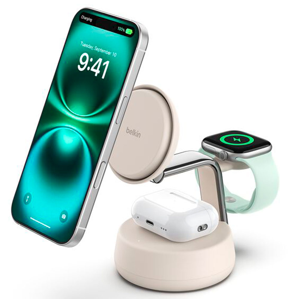 Carregador Wireless Belkin WIZ040KQSD 25W 3-IN-1 Magsafe Qi2 iPhone-Airpod-Watch Sand Branco - Image 3